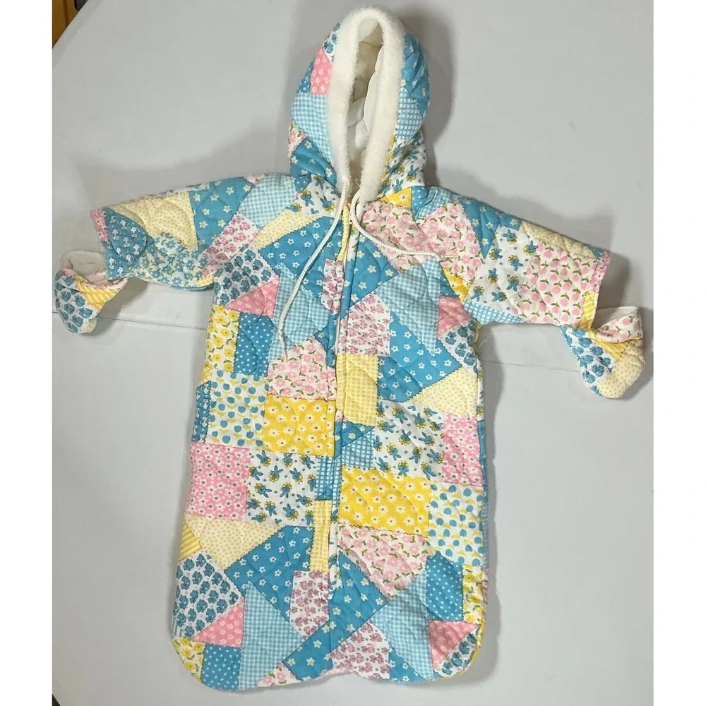 VTG 70s Patchwork Quilted Baby Bunting Snowsuit Hood Pastel Floral Gingham Blue